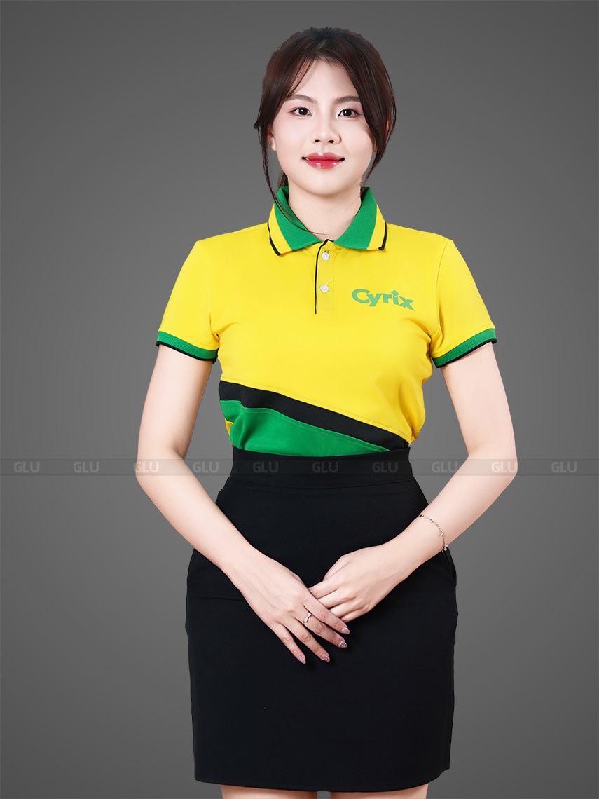 áo thun đồng phục phối màu vàng phối xanh lá dn0003 trước