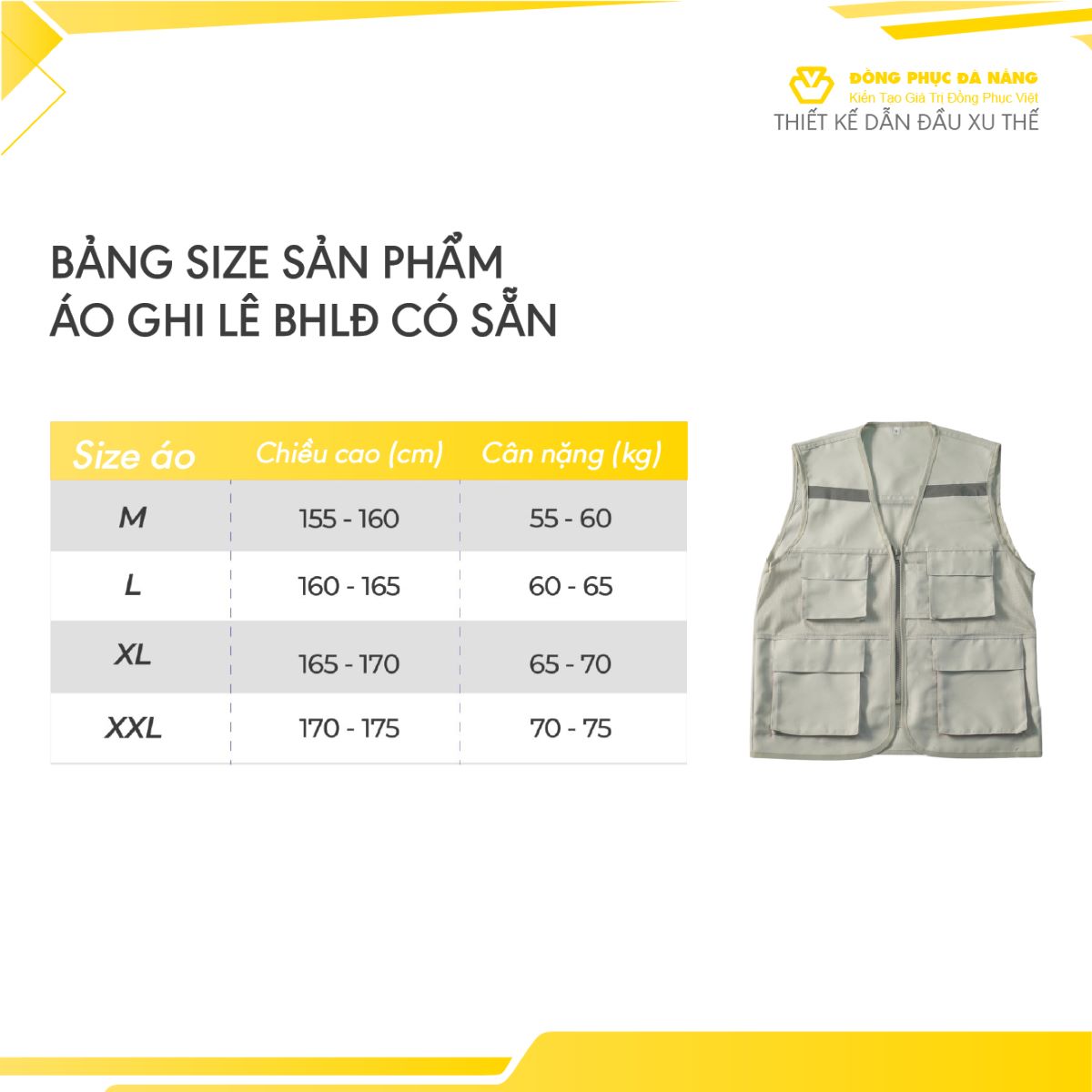 bảng size áo đồng phục bảo hộ gile
