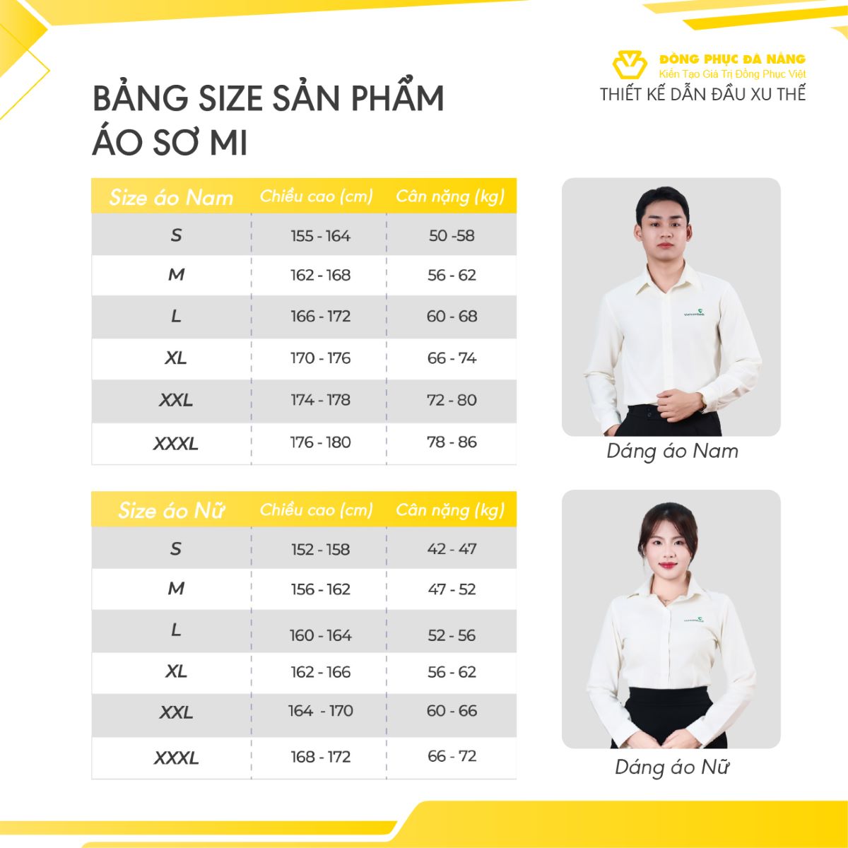 bảng size áo sơ mi đồng phục