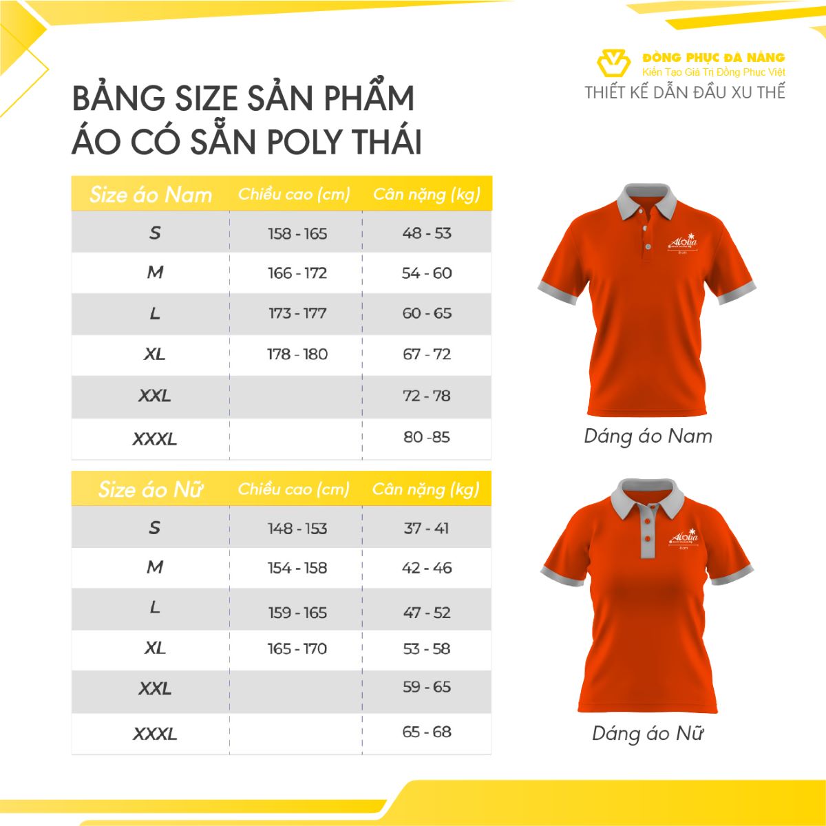 bảng size áo thun đồng phục poly có sẵn