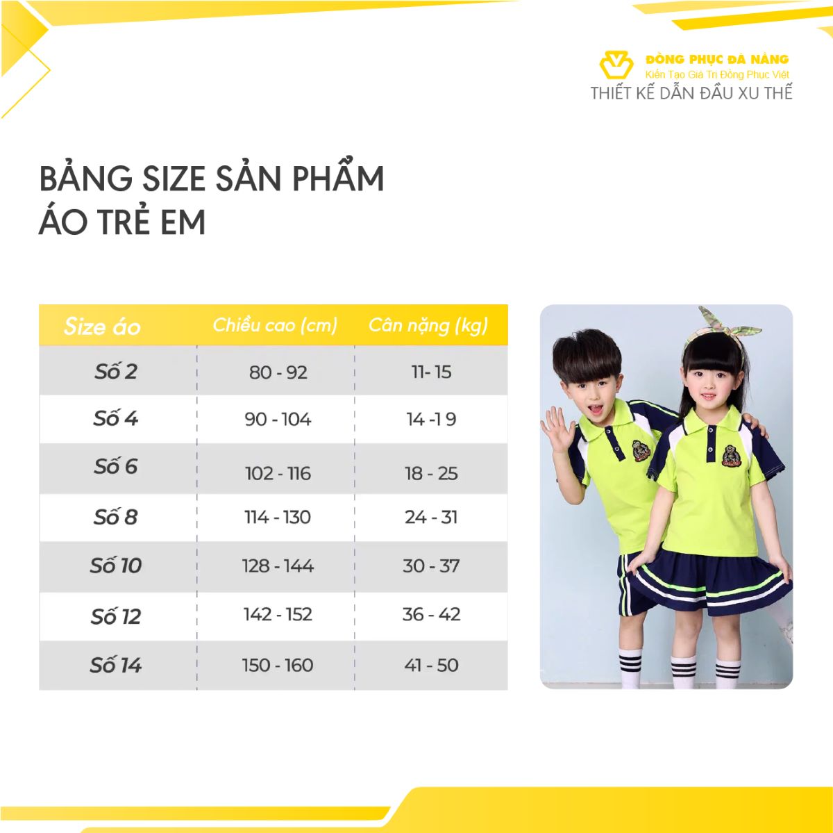 bảng size áo thun đồng phục trẻ em