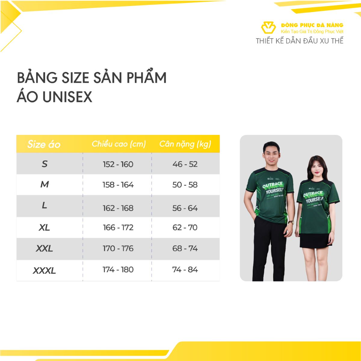 bảng size áo thun đồng phục unisex