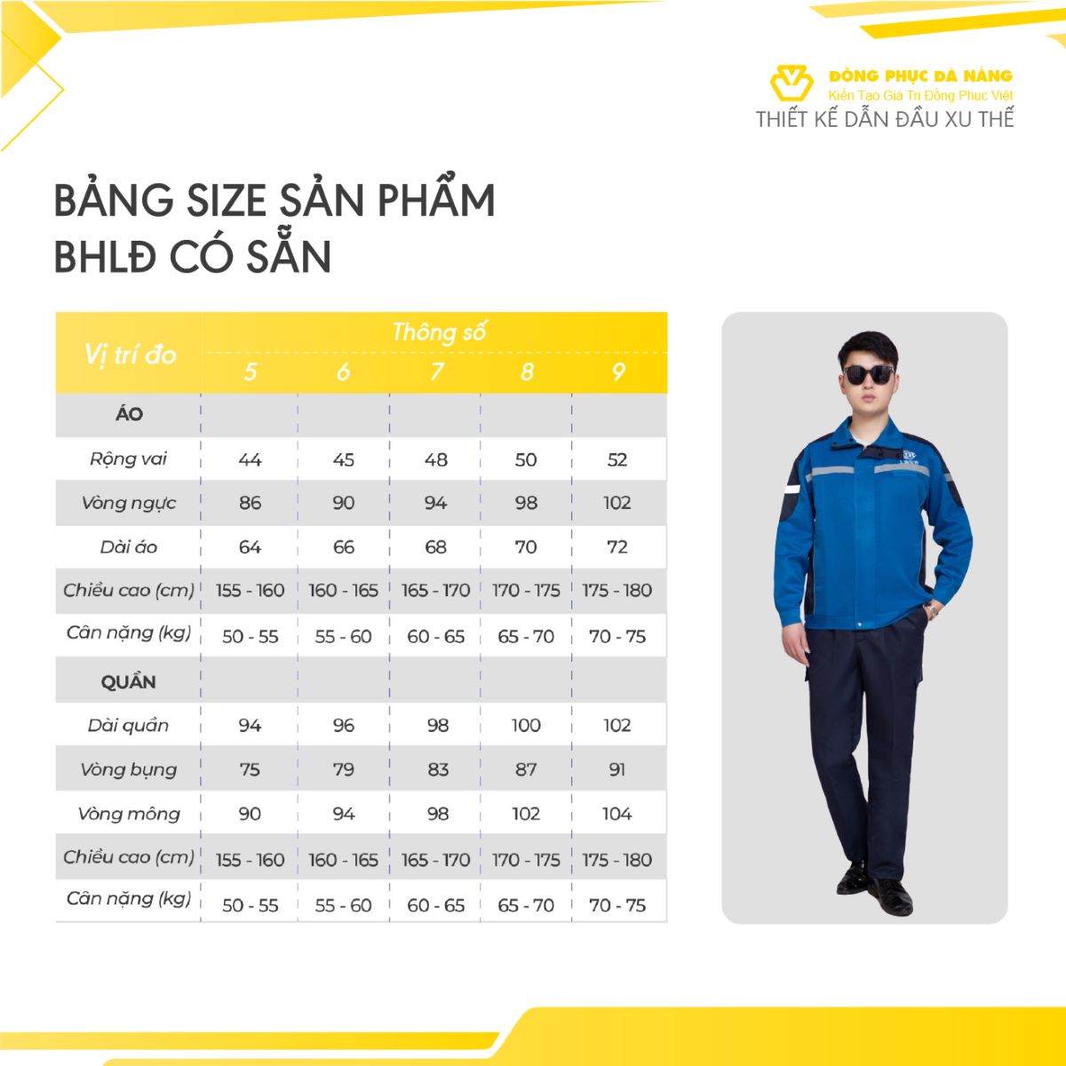bảng size đồng phục bảo hộ lao động có sẵn