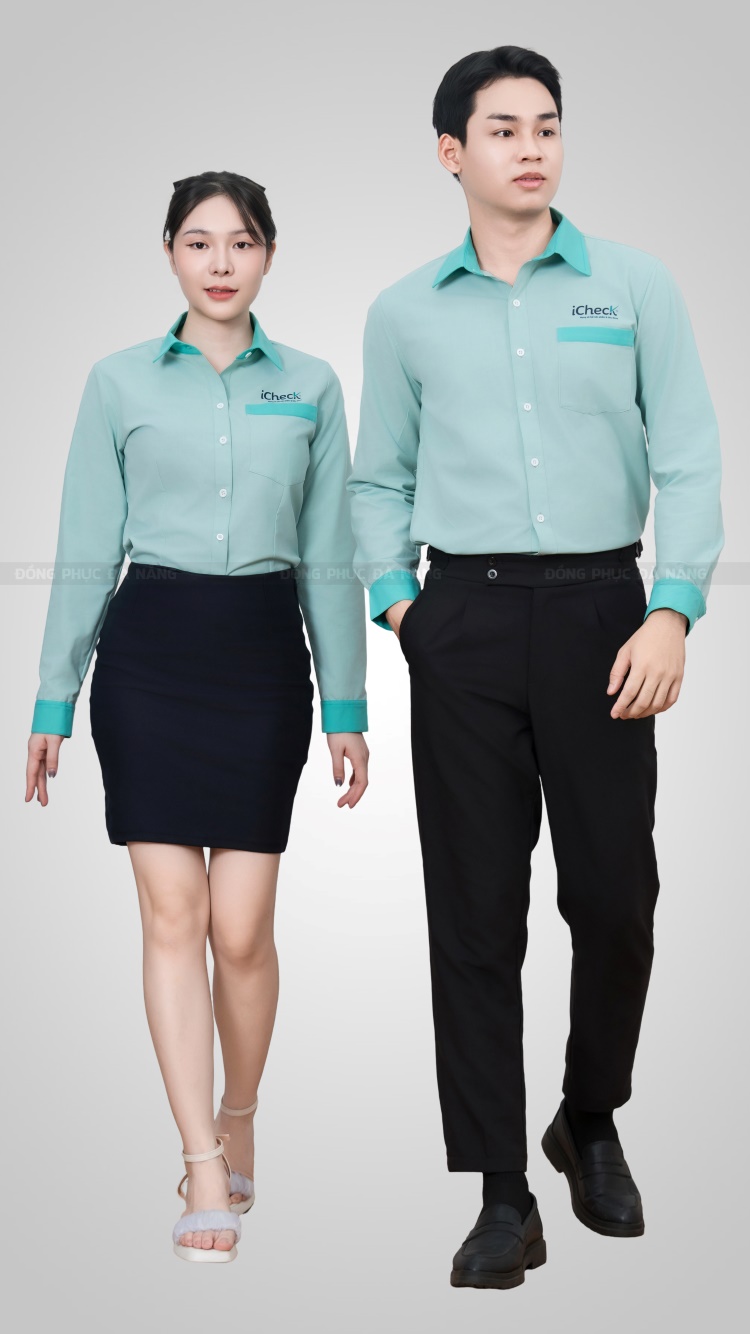 mẫu áo sơ mi đồng phục công ty màu xanh
